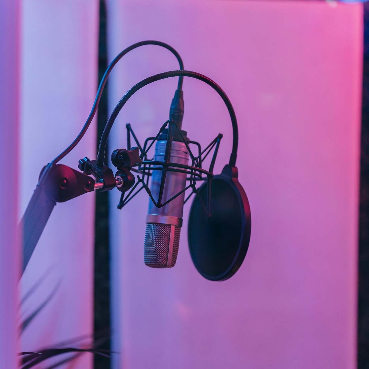 Close-up of a microphone setup in a moody recording studio environment.