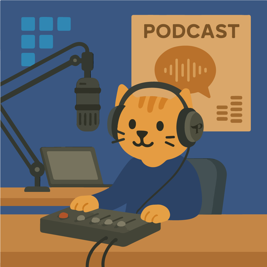 Comic of a cat recording in a podcast studio
